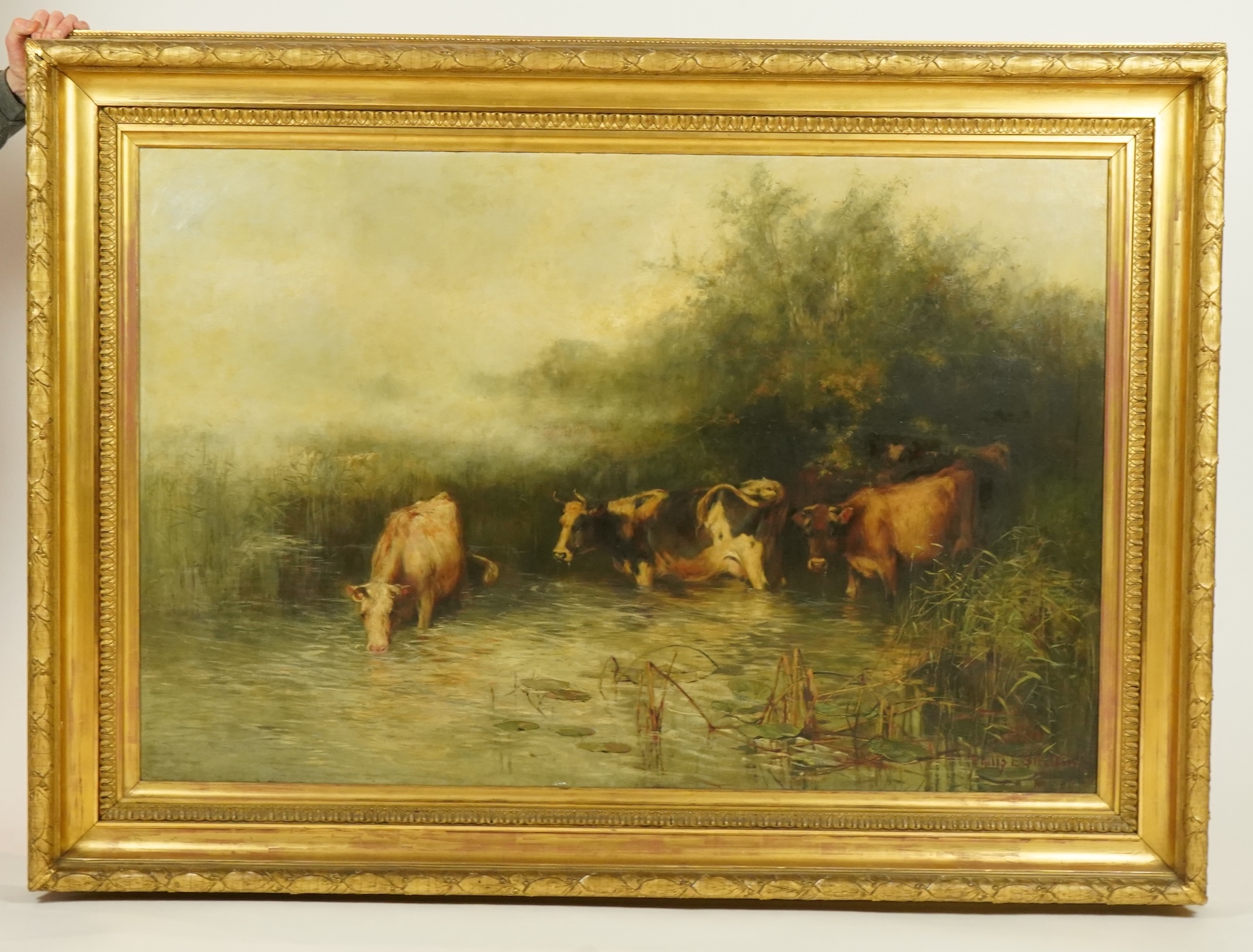 Philip Eustace Stretton (British, 1865-1919), Cattle watering, oil on canvas, 100 x 151cm